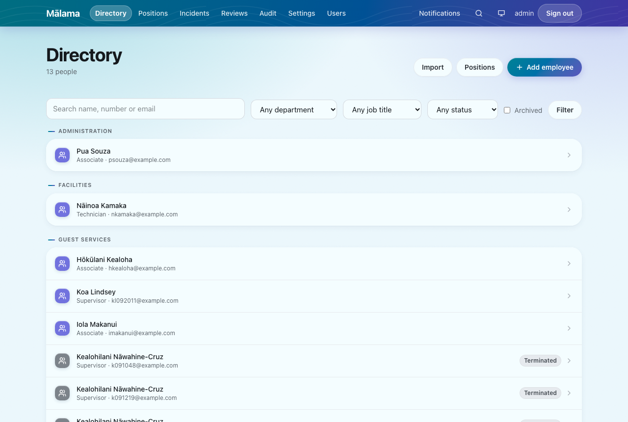 The directory, grouped by department. Type in the search box to narrow it, or filter by department, job title or status.