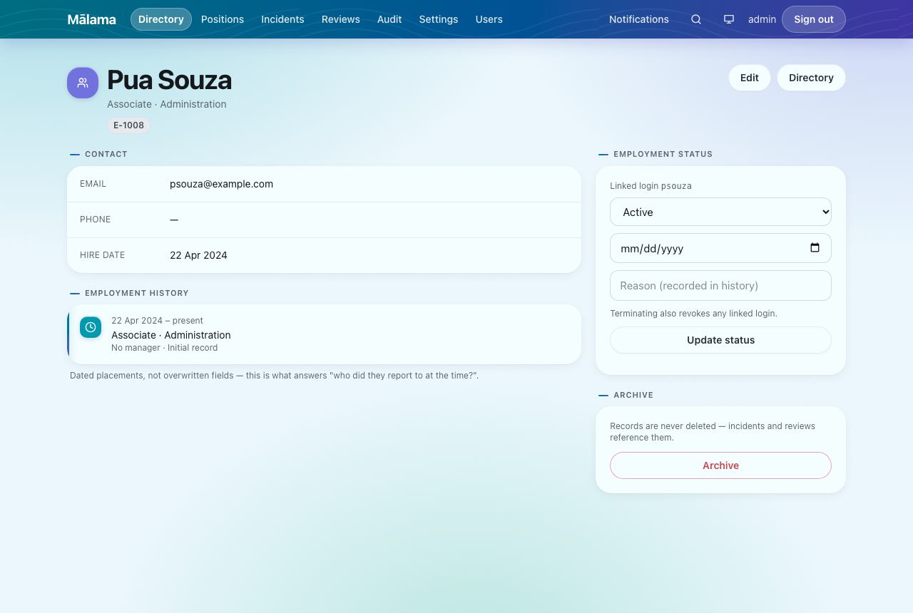 An employee profile. Incidents, reviews and goals appear here only where you already have access to them.