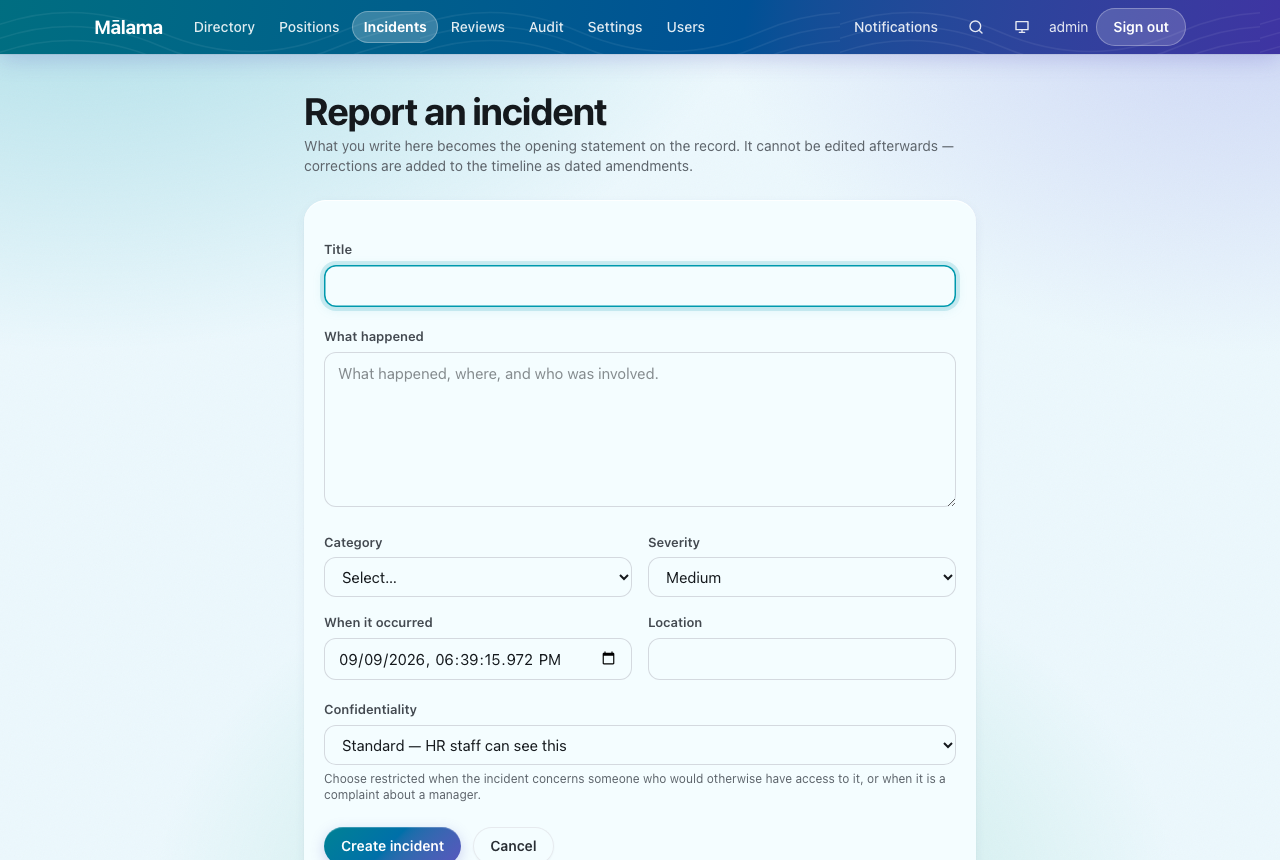 The report form. What you write in 'What happened' becomes the permanent opening statement.