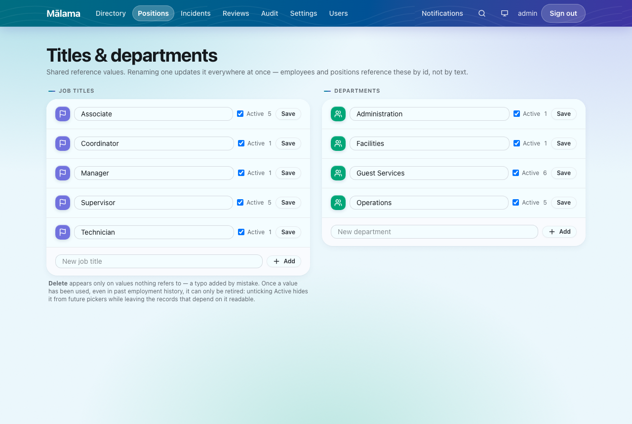 Titles and departments. Renaming one updates it everywhere; retiring hides it from future pickers without touching existing records.