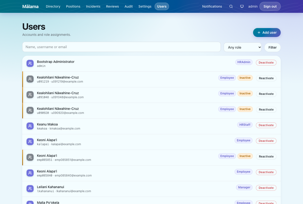 The user list with role chips. Deactivating a user stops their sessions within minutes.