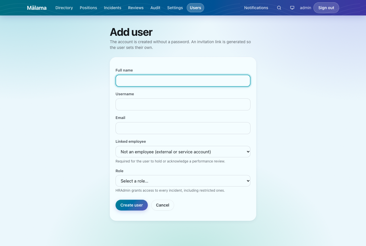 Adding a user. Link them to an employee record if they will ever hold a performance review.