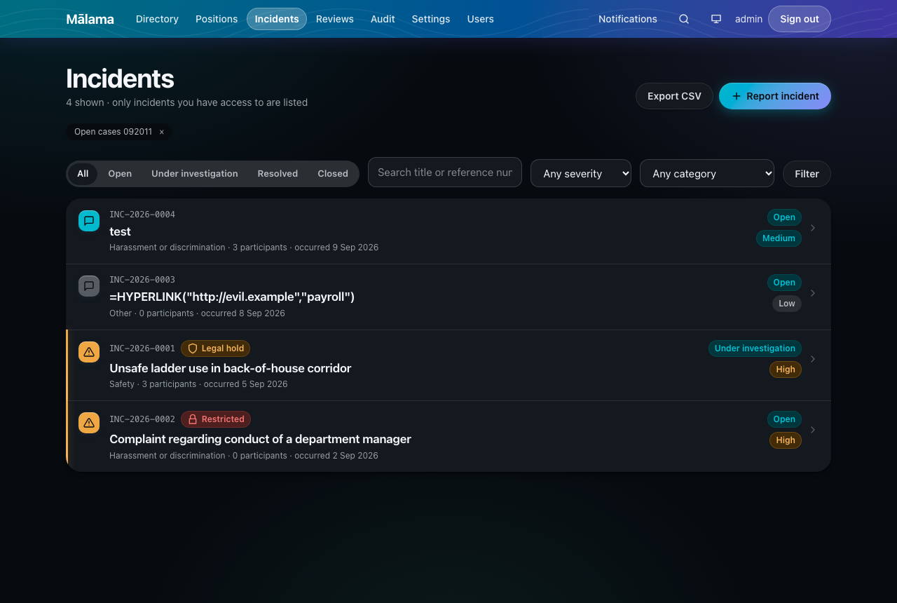The incident list in dark mode.