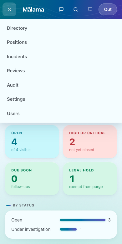 The menu, opened with the ☰ button.